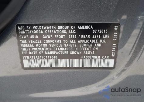 2015 Volkswagen Passat 1.8T Limited Edition z USA, uszkodzony, nr VIN 1VWAT7A31FC117040